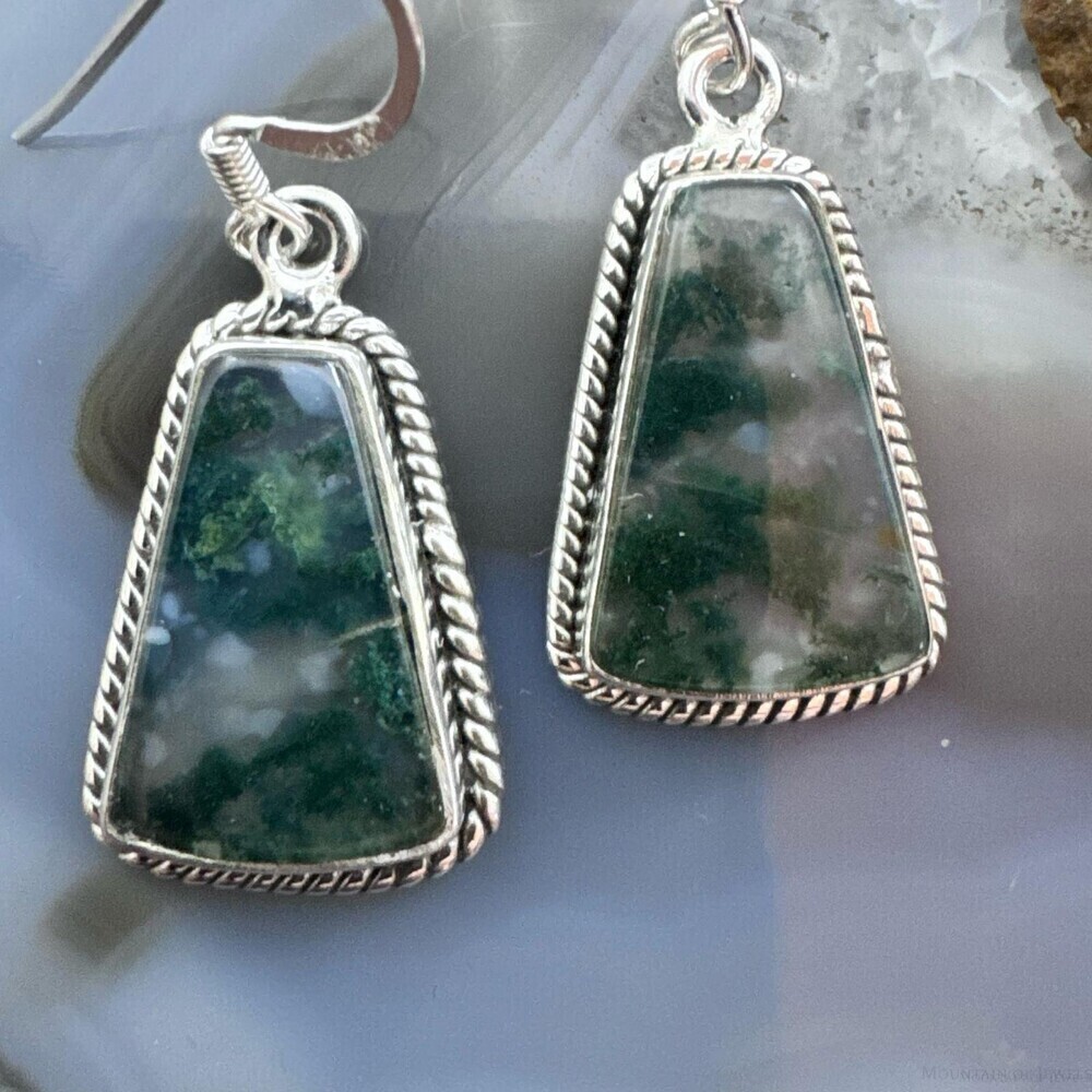 Sterling Southwestern Style Trapezoid Moss Agate Dangle Earrings For Women - Picture 6 of 10
